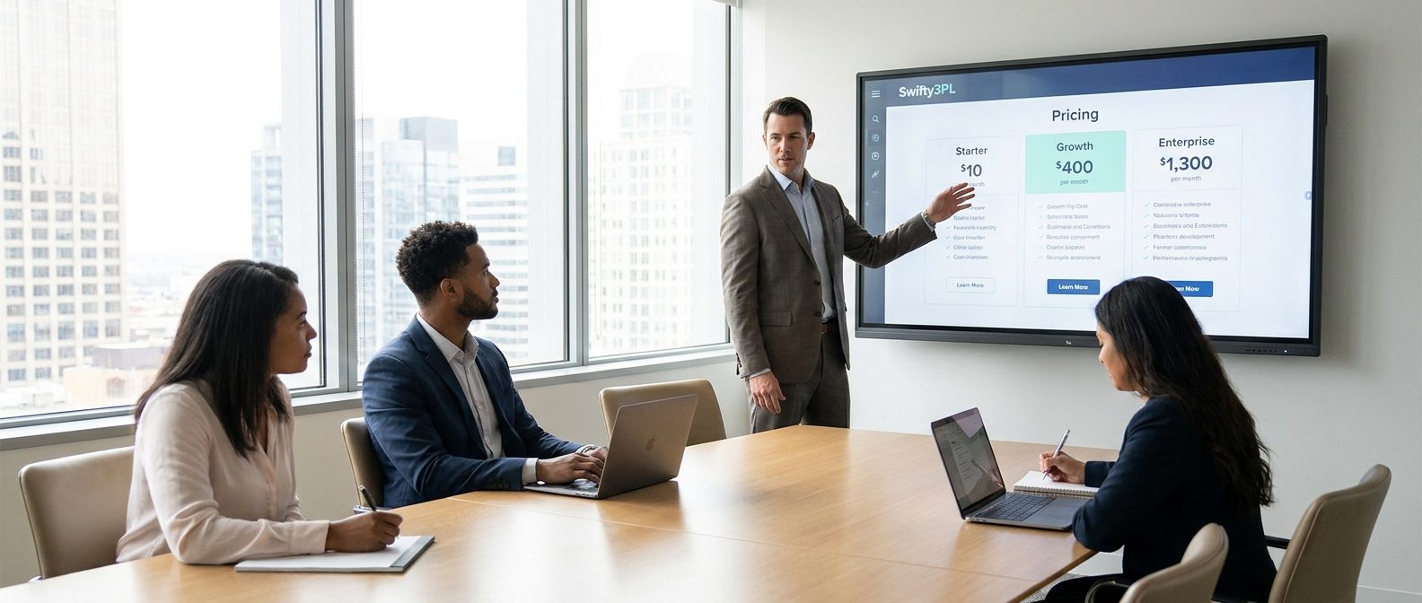 A Swifty3PL specialist presenting the pricing table to colleagues in a sunny conference room